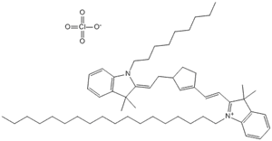 Molecular Structure of 139622-61-0 (3H-Indolium,2-[2-[3-[2-(1,3-dihydro-3,3-dimethyl-1-nonyl-2H-indol-2-ylidene)ethyl]-1-cyclopenten-1-yl]ethenyl]-3,3-dimethyl-1-octadecyl-, perchlorate)